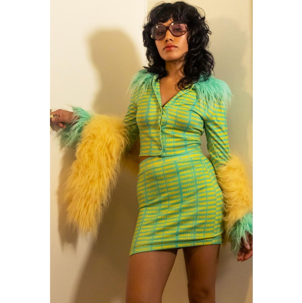 Elsie and Fred Protect Your Energy Logo Aqua Green Tube Mini Skirt L